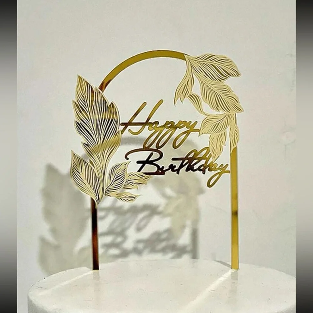 NEW Happy Birthday Gold Leaf / Leaves Tropical Cake Topper Decoration Party